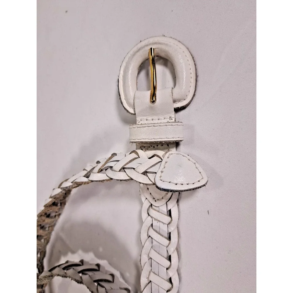 Unbranded White Braided Split‎ Leather Belt Gold Tone Buckle Woven Narrow Boho